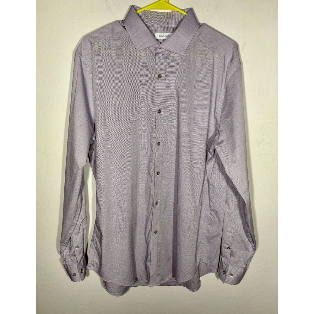 Calvin Klein Dress Shirt Purple Slim Fit Non Iron Mens 17 34 35 Button Up
